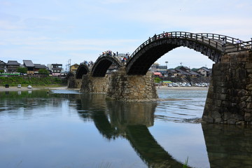 Landscape views, mountains, blue sky, fish, bridge.