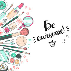 Hand darwn vector cosmetic background. Cosmetic tools and produc