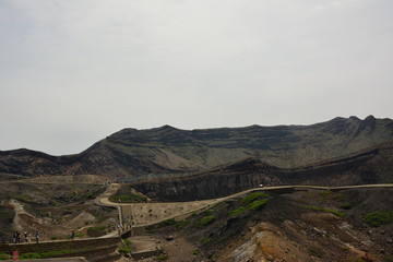 Landscape views, mountains, blue sky, fish, bridge.