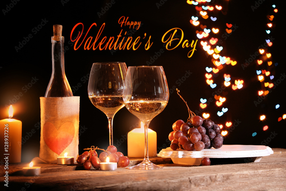 Canvas Prints Text HAPPY VALENTINE'S DAY. Glasses and bottle of white wine on table.