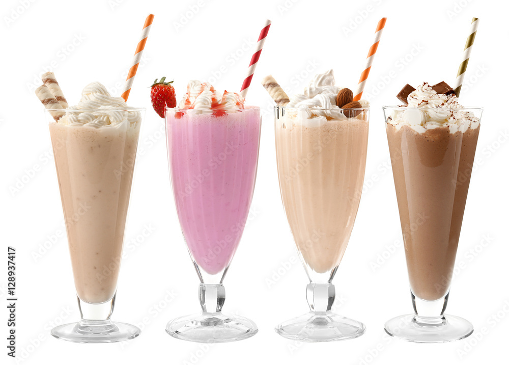 Sticker glasses with delicious milk shakes on white background.