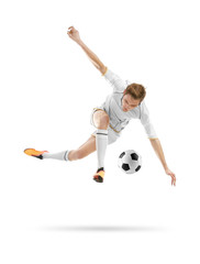 Professional football player on white background