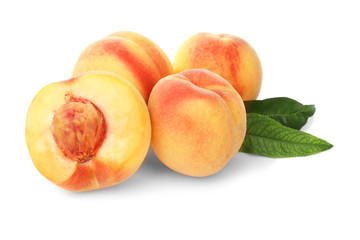 Fototapeta na wymiar Juicy ripe peaches isolated on white
