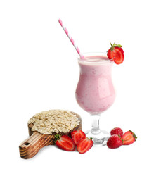 Fresh milkshake with strawberry and oatmeal isolated on white