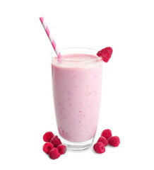 Fresh milkshake with raspberry isolated on white