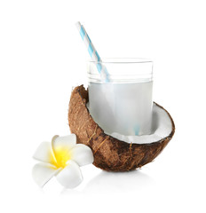 Tasty milk shake with coconut and flower on white background