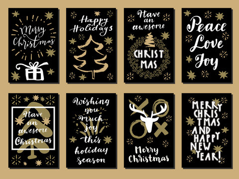 Set of Merry Christmas and Happy New Year vintage hand drawn greeting cards. Gift tags, postcards, calligraphic artwork