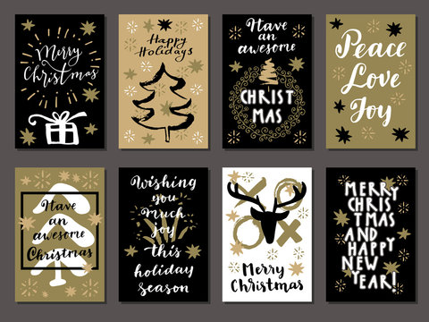 Set of Merry Christmas, Happy New Year, Hello Winter and Happy Holidays vintage hand drawn greeting cards, gift tags, postcards, posters. Calligraphic artwork