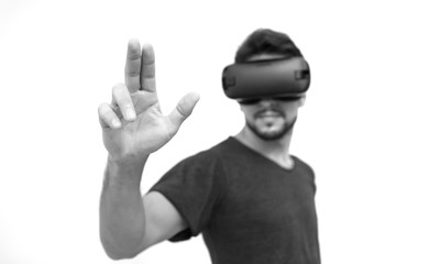 man in dark T-shirt wearing virtual reality 3D headset and exploring the play
