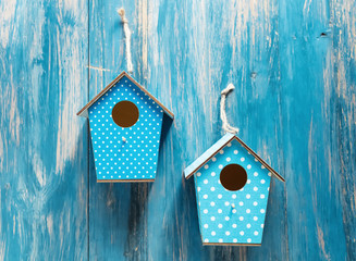 two birdhouses on antique rustic wood background.