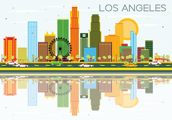 Los Angeles Skyline with Color Buildings, Blue Sky and Reflections