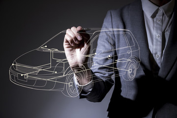 woman drawing a car design in the air, industrial design concept visual