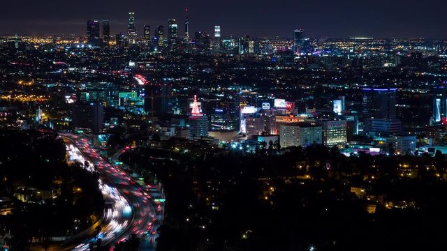 Downtown Los Angeles and Hollywood Freeway at Night Timelapse