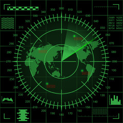 Digital green radar screen with world map, targets and futuristic user interface on black background