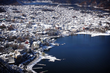 Top view of house near by Kawagujiko lake covered with snow