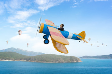 Woman in drawn airplane . Mixed media