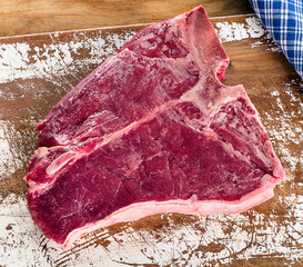 Beef steak on a wooden background.