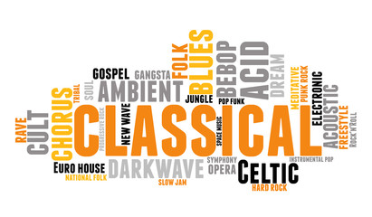 Classical. Word cloud, type font, white background. Music concept.