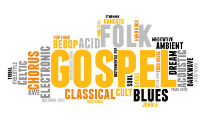 Gospel. Word cloud, type font, white background. Music concept.