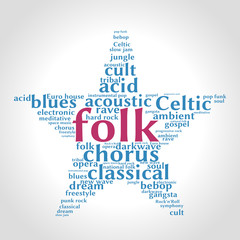 Folk. Word cloud, five-pointed star, gradient grey background. Music concept.	