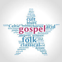 Gospel. Word cloud, five-pointed star, gradient grey background. Music concept.