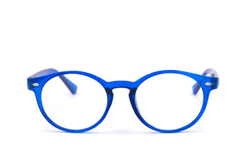 Blue glasses on white background