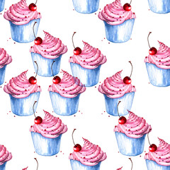 Watercolor Vintage seamless pattern illustration of cake with cream, cherry.