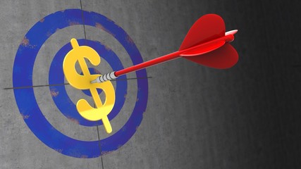 3d illustration of target on wall with red dart and dollar sign