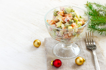 Traditional New Year's Russian salad Olivier, copy space