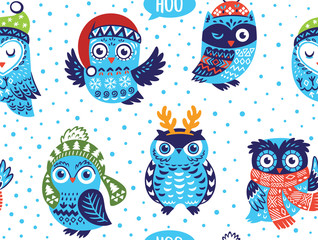 Winter seamless pattern with cute owls in Christmas hat