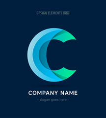 Vector abstract letter C logo, company emblem. Material design app icon. Fashion glossy sign for corporate identity