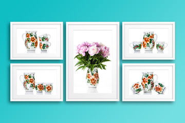 Frames collage with ornamental dishes posters, interior decor mock up