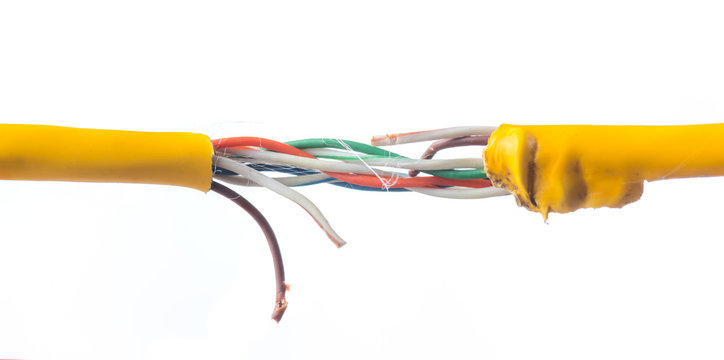 Damage to the cable network with torn wire on white background