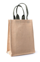 Shopping bag made out of recycled Hessian sack on white backgrou