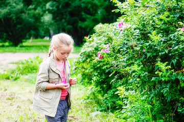 Girl is walking in the Park near the wild rose Bush