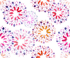 Seamless pattern with abstract pink, purple and yellow circles painted in watercolor on white isolated background