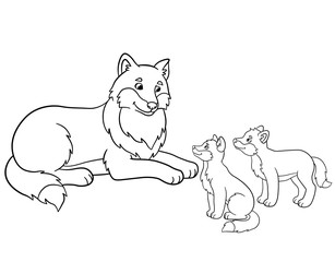 Coloring pages. Mother wolf with her little babies.