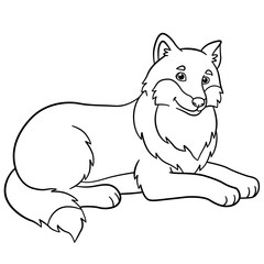 Coloring pages. Cute beautiful wolf smiles.