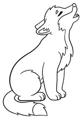 Naklejka premium Coloring pages. Little cute baby wolf howls.