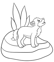 Coloring pages. Little cute baby wolf stands and howls.