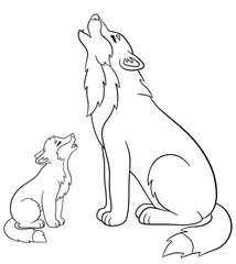 Coloring pages. Father wolf howls with his cute baby.