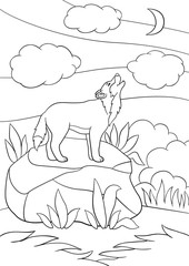 Coloring pages. Cute beautiful wolf howling at the moon.