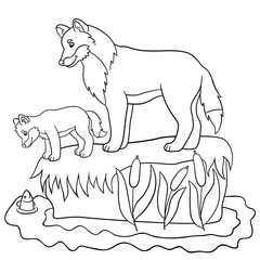 Coloring pages. Father wolf with his cute baby.