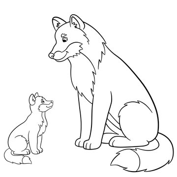 Coloring pages. Father wolf with his little baby.