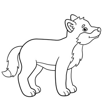 Coloring pages. Little cute baby wolf smiles.