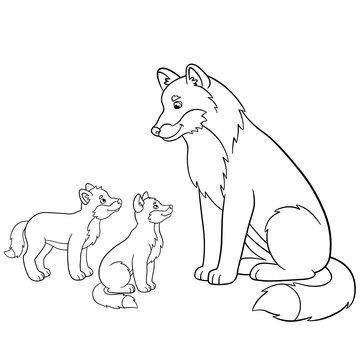 Coloring pages. Father wolf with his little babies.