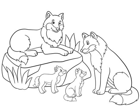 Coloring pages. Mother and father wolves with their babies.