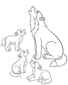 Coloring pages. Father wolf howls with his little babies.