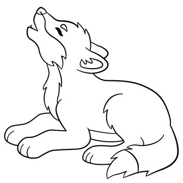 Coloring pages. Little cute baby wolf howls.