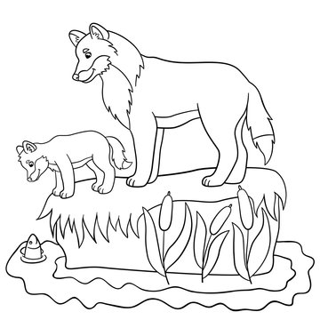 Coloring pages. Father wolf with his cute baby.